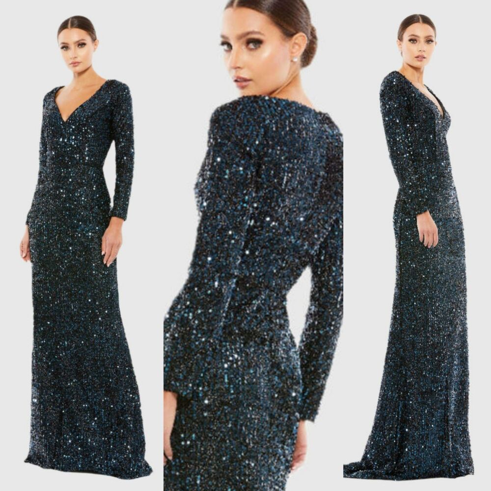 Mac Duggal Navy Sequin Maxi Dress